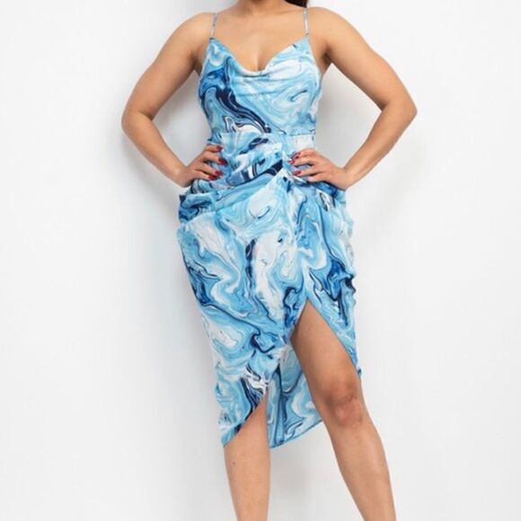 Blue marble cowl neck midi Dress - Picture 4 of 10